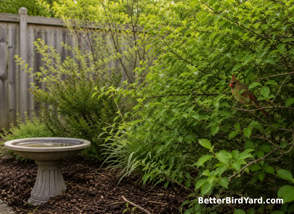 A female Northern Cardinal rests partly hidden in shrubs near a clean backyard bird bath.