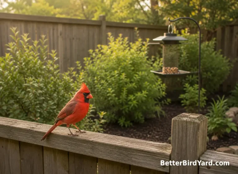 A male Northern Cardinal perches on a fence near shrubs and a clean backyard feeder.