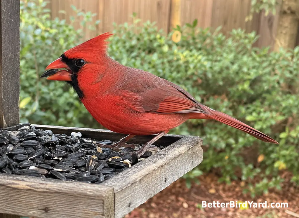 A Northern Cardinal eats black oil sunflower seed from a platform feeder in a backyard.