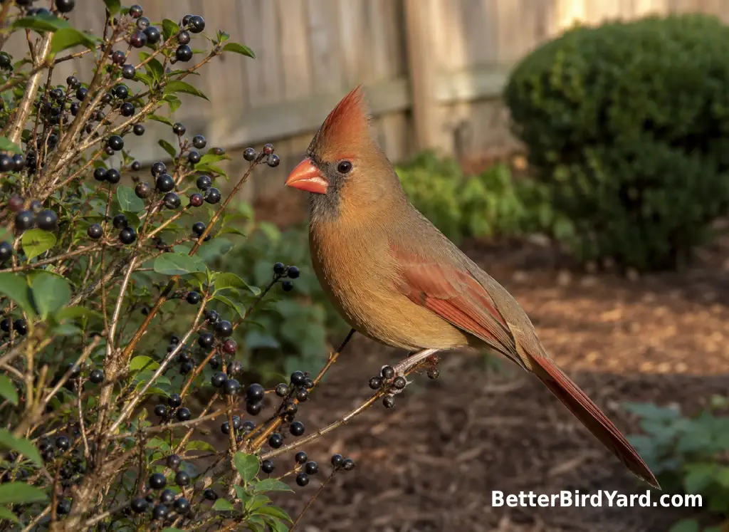 A female Northern Cardinal perches beside berrying shrubs in a mulched backyard garden.
