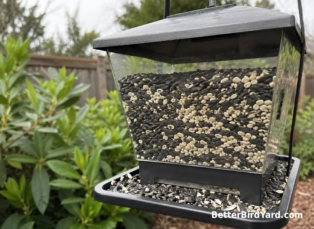 A clean hopper feeder holds sunflower and safflower seed for cardinals.