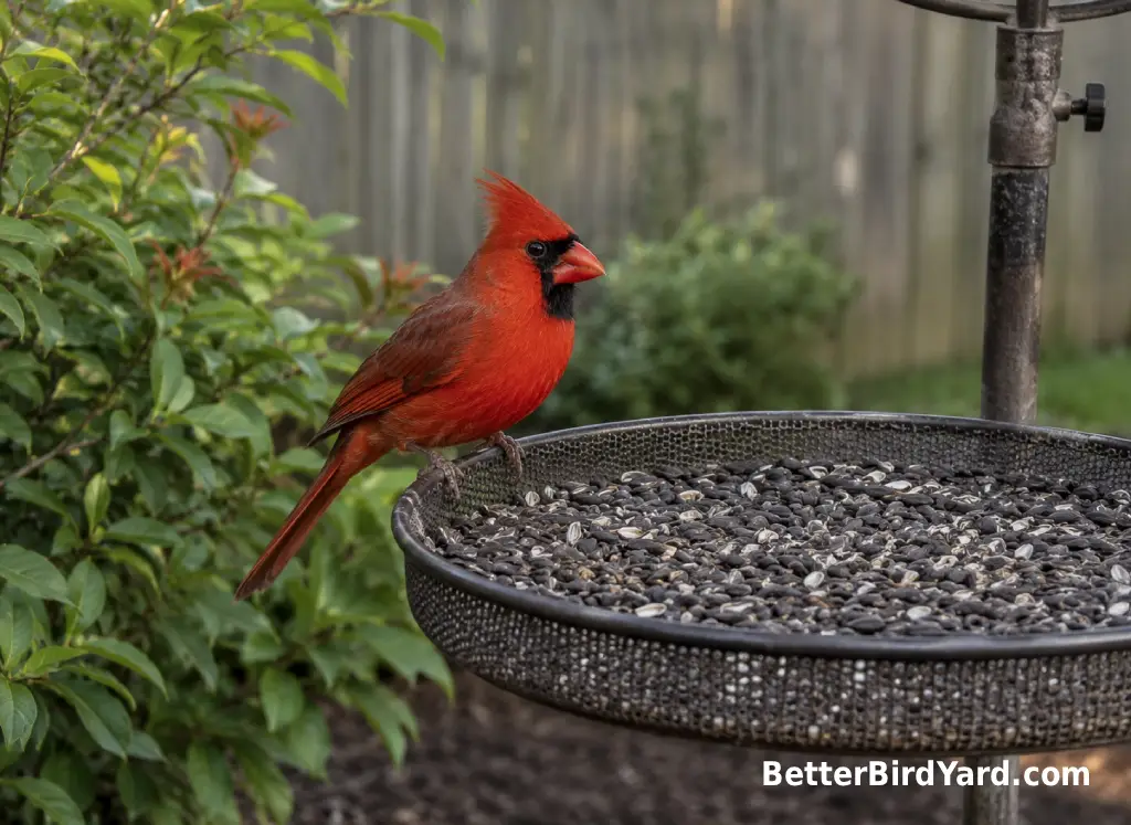 A Northern Cardinal perches on a wide tray feeder near backyard shrubs.