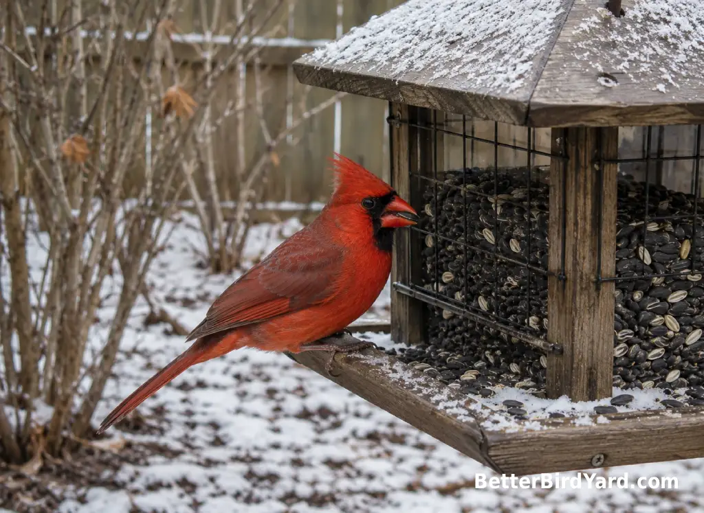 A Northern Cardinal eats sunflower seed from a covered hopper feeder in winter.