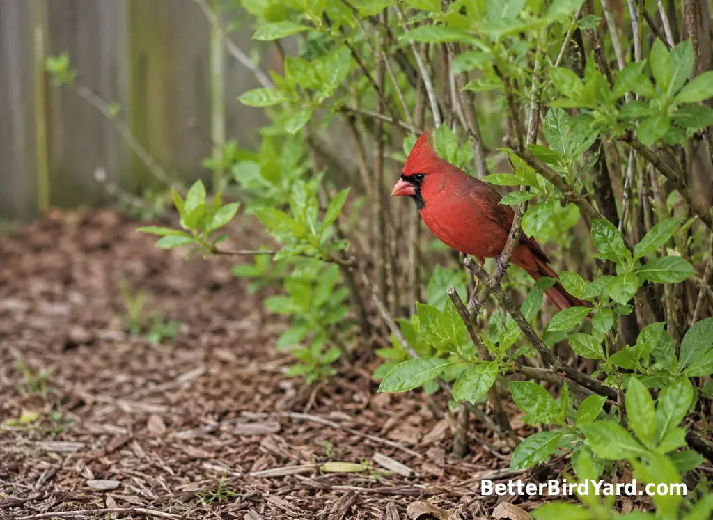 An adult Northern Cardinal perches beside dense leafy shrubs in a backyard garden.