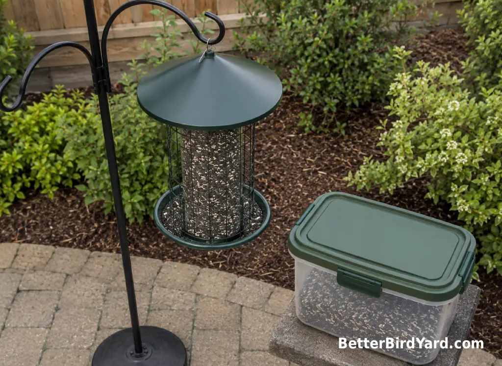A clean backyard feeder station has fresh seed and a sealed seed container nearby.