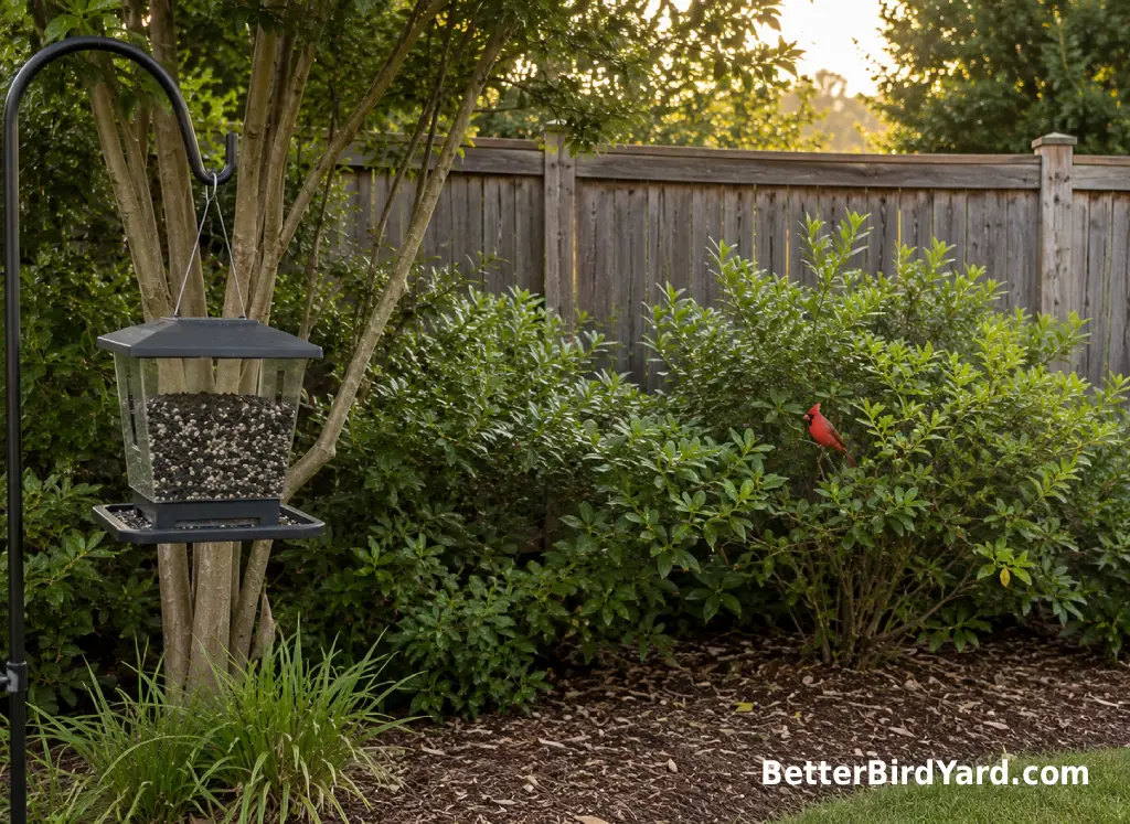A covered hopper feeder with sunflower seed stands near shrubs in a small backyard.