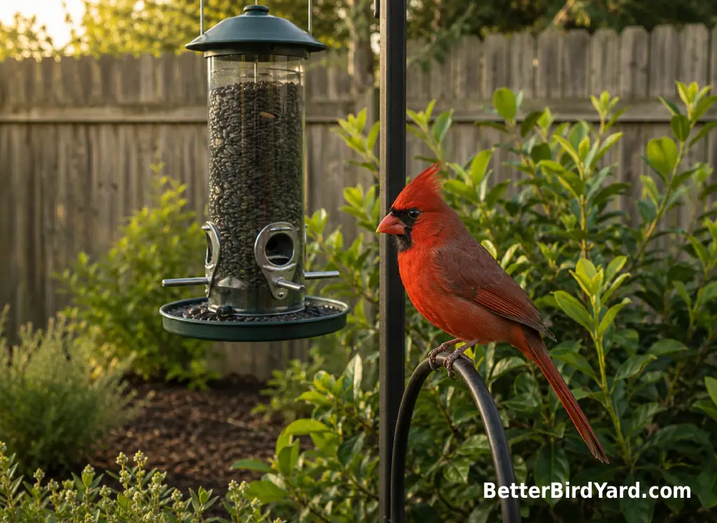 A Northern Cardinal perches near a clean backyard feeder and shrubs.