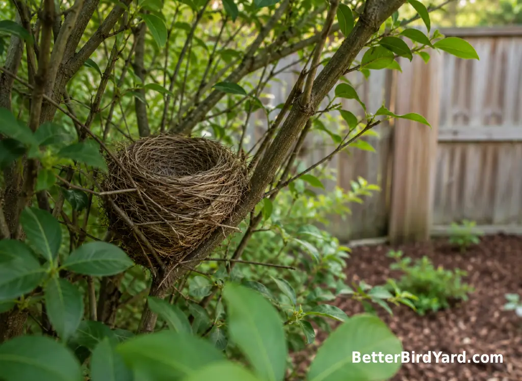 A Northern Cardinal nest is tucked into leafy shrub branches in a suburban backyard garden.