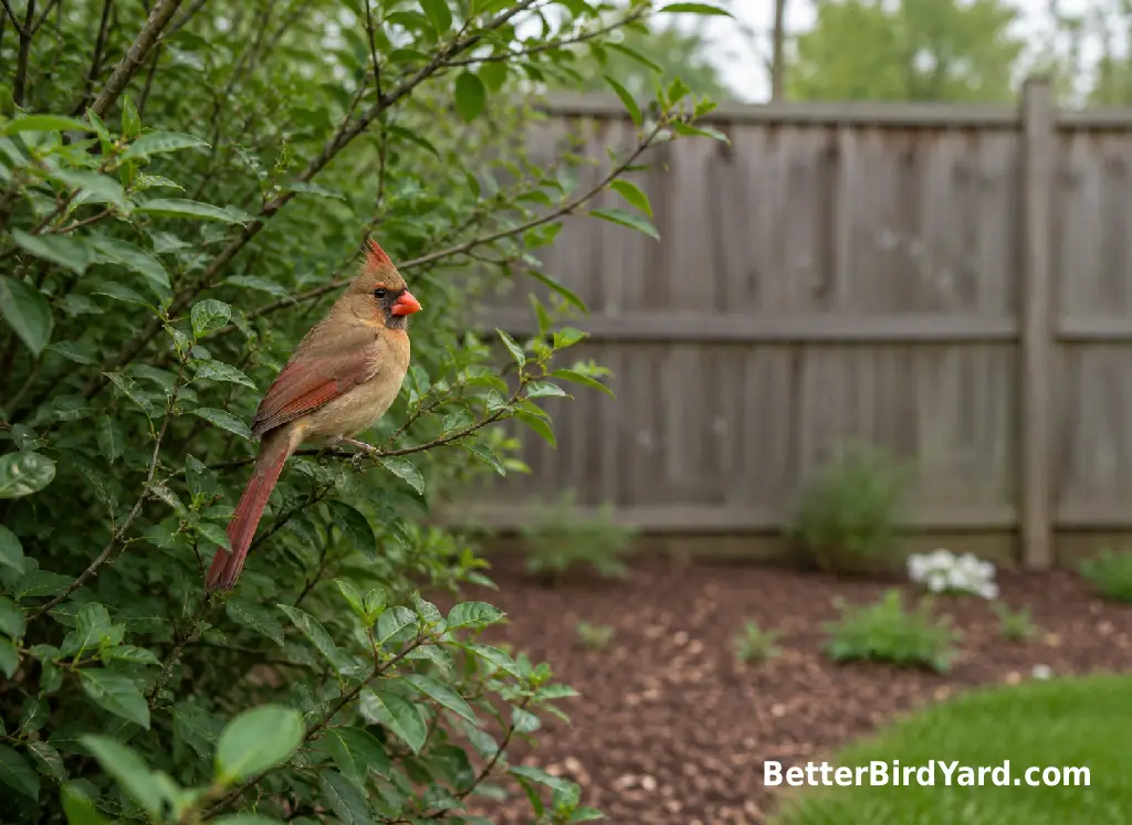 A female Northern Cardinal perches near dense shrubs beside a backyard fence.