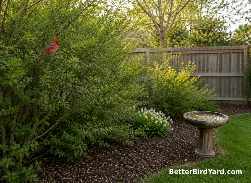 A male Northern Cardinal perches on a spring shrub border near a clean bird bath.
