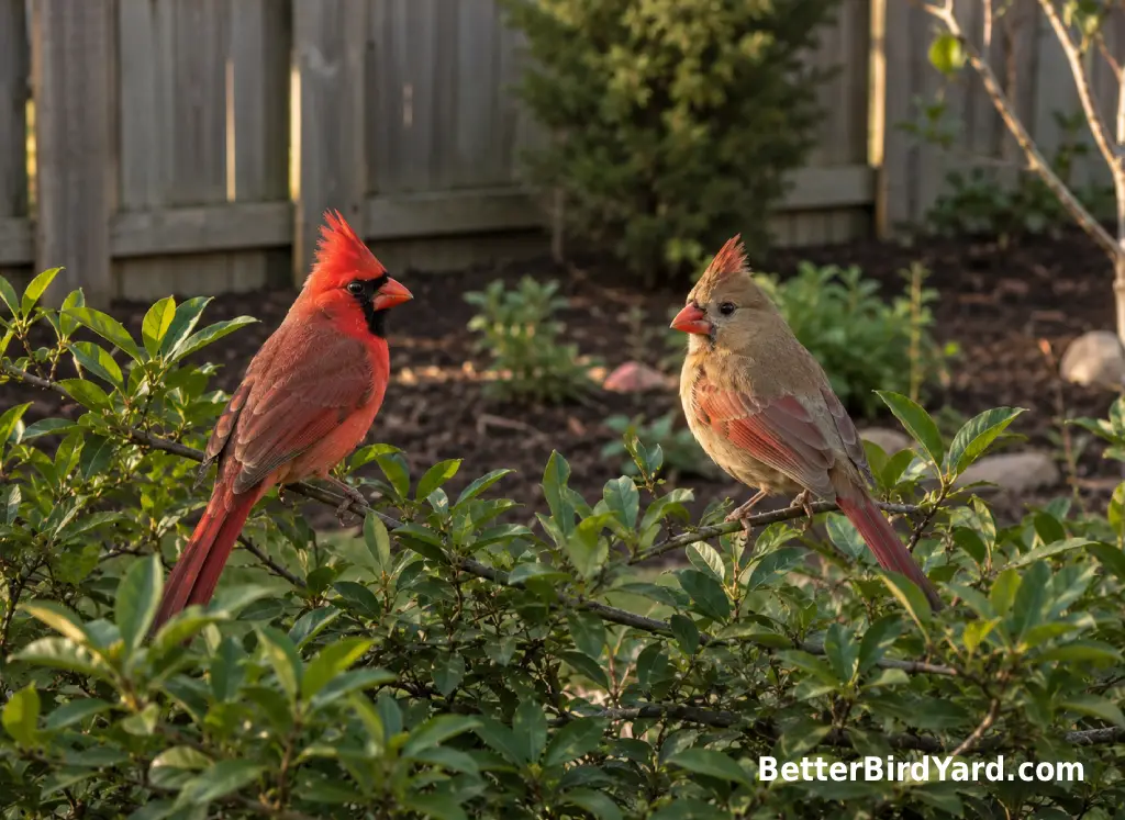 A male and female Northern Cardinal perch near each other on  a leafy backyard shrub.