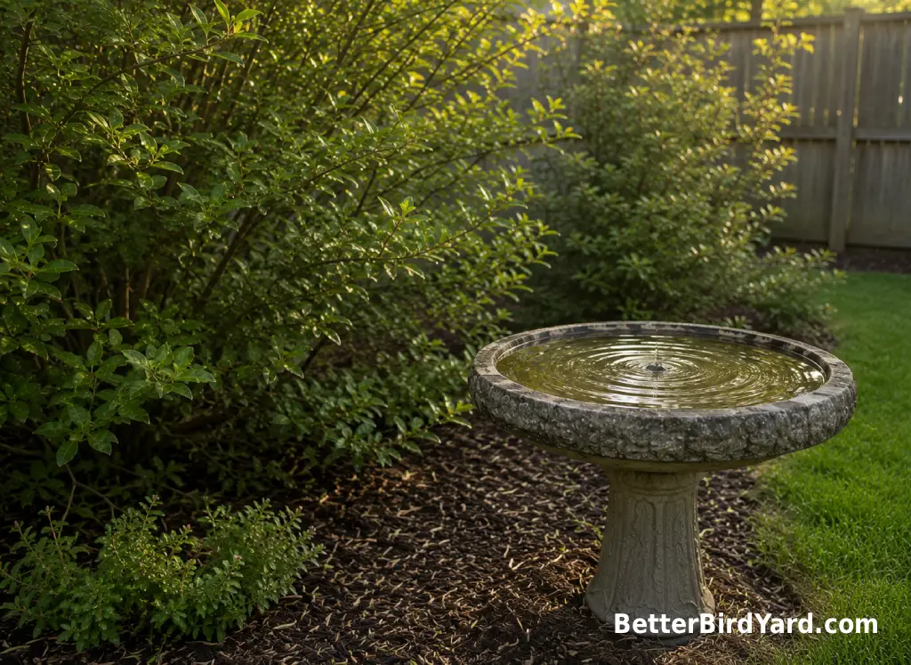 A clean bird bath sits beside dense shrubs in a bird-friendly backyard garden.