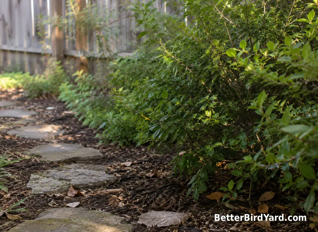 A quiet backyard path runs beside dense shrubs where young birds may be hidden.