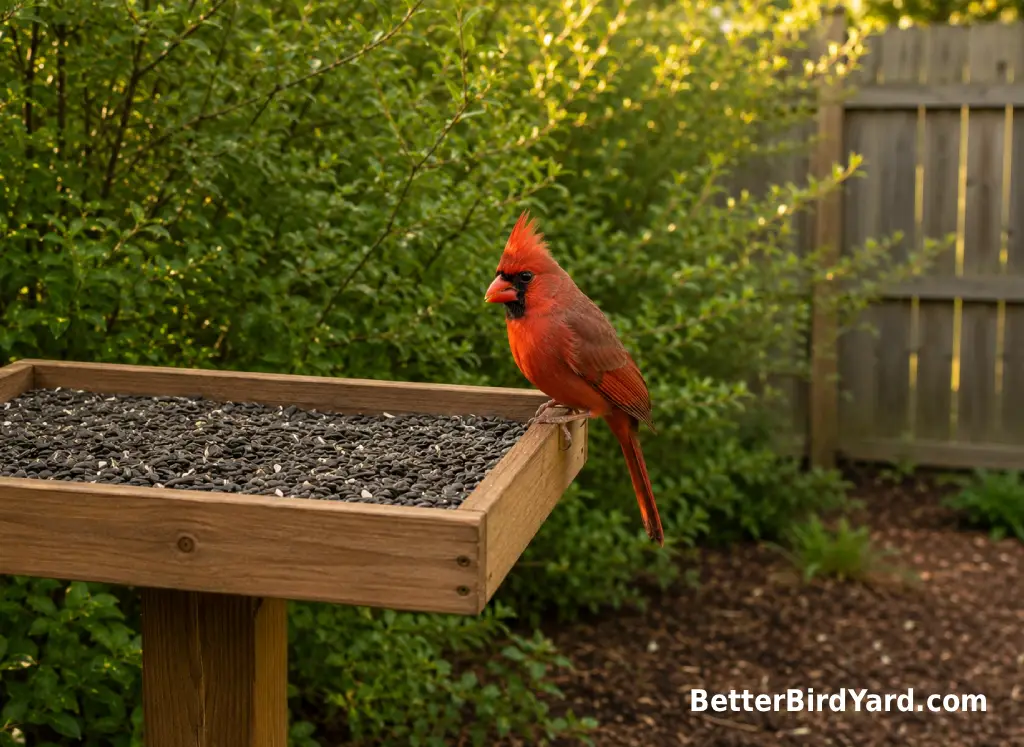 A male Northern Cardinal perches near a clean platform feeder with shrubs behind it.