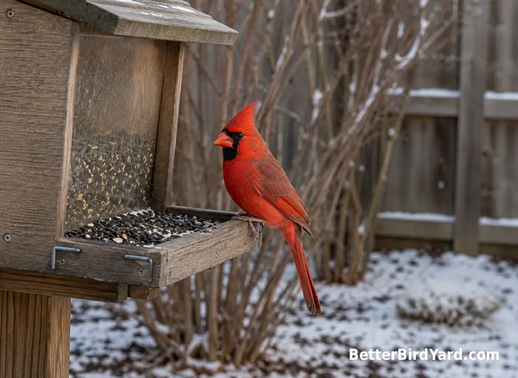 A male Northern Cardinal perches near a winter bird feeder in a suburban backyard.