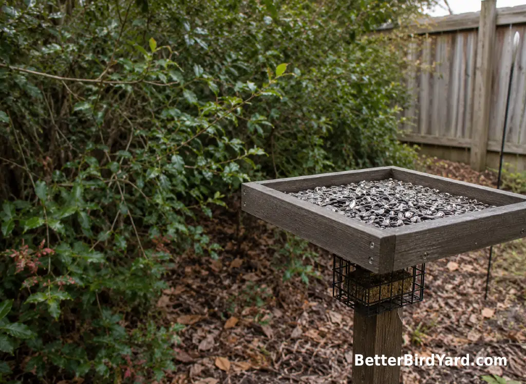 A clean platform feeder stands near dense shrubs in a quiet suburban backyard.