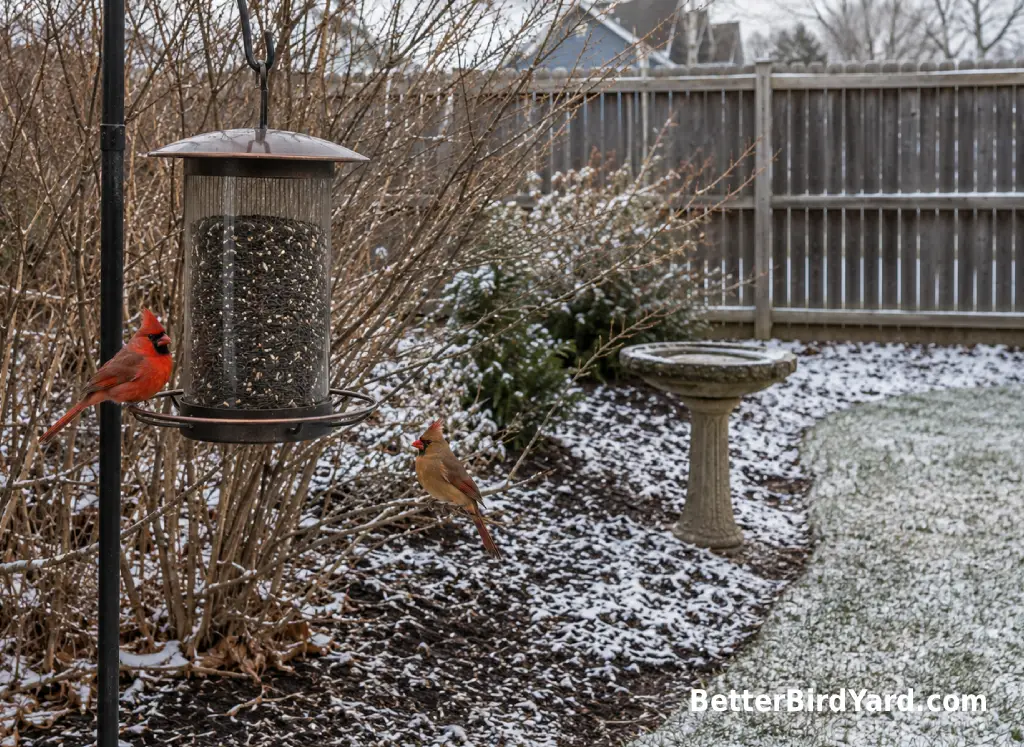 A male and female Northern Cardinal perch near shrubs and a feeder in winter.