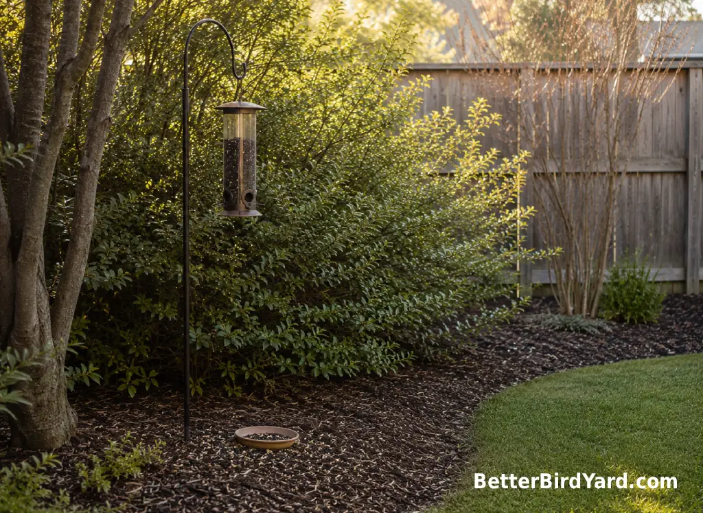 A suburban backyard feeder station sits beside dense shrubs and mulch.
