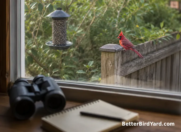 A male Northern Cardinal perches near a feeder outside a window with binoculars indoors.