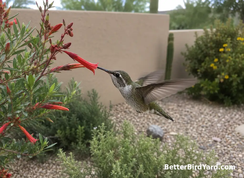 A female Costa’s hummingbird hovers near a desert flower in a small backyard planting bed.