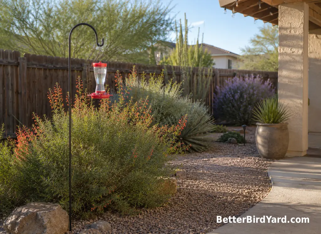 A desert-style suburban garden has a clean hummingbird feeder and native shrubs near a wooden fence.
