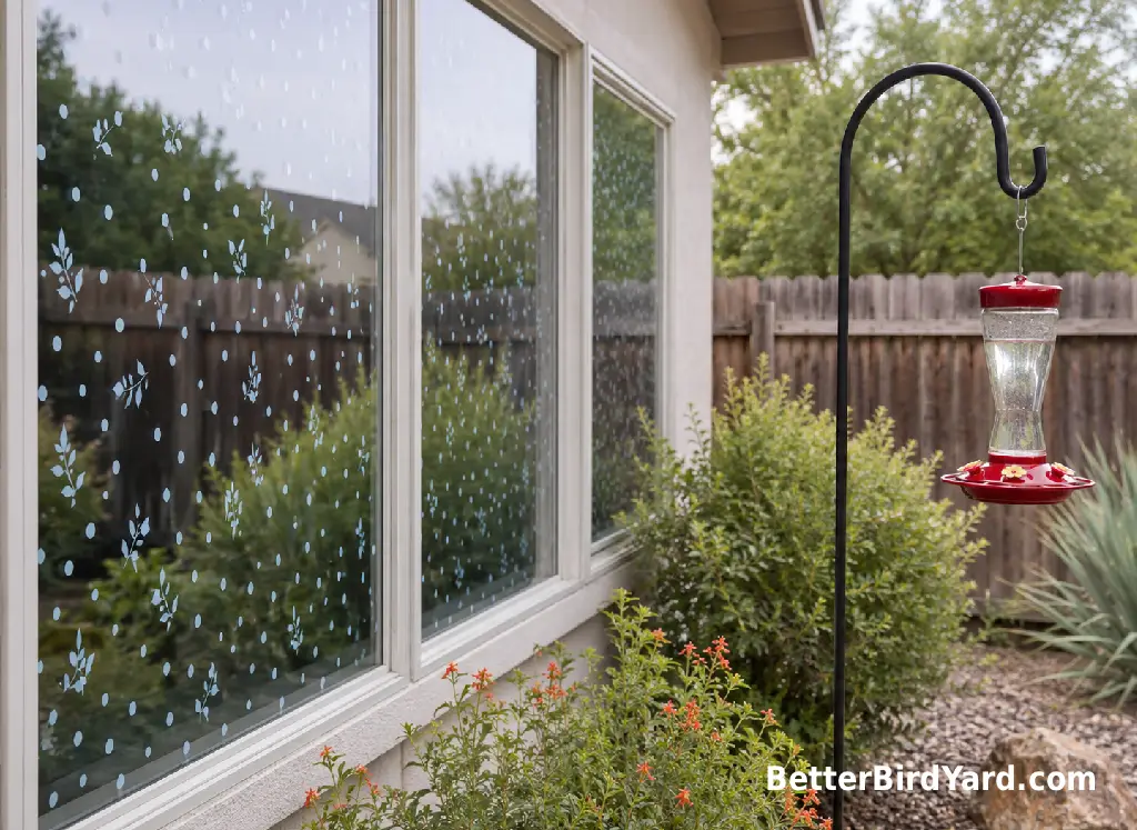 A hummingbird feeder hangs safely near treated patio windows with native shrubs nearby.