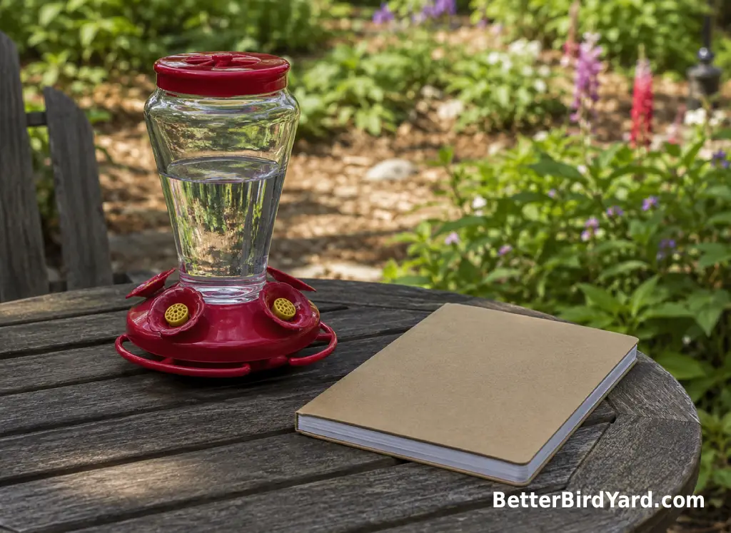 A compact hummingbird feeder and field notebook sit beside a small patio hummingbird garden.