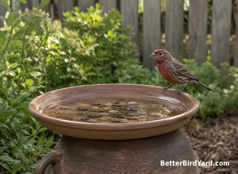 A shallow ceramic bird bath sits on a clay pot with small stones and water ripples.