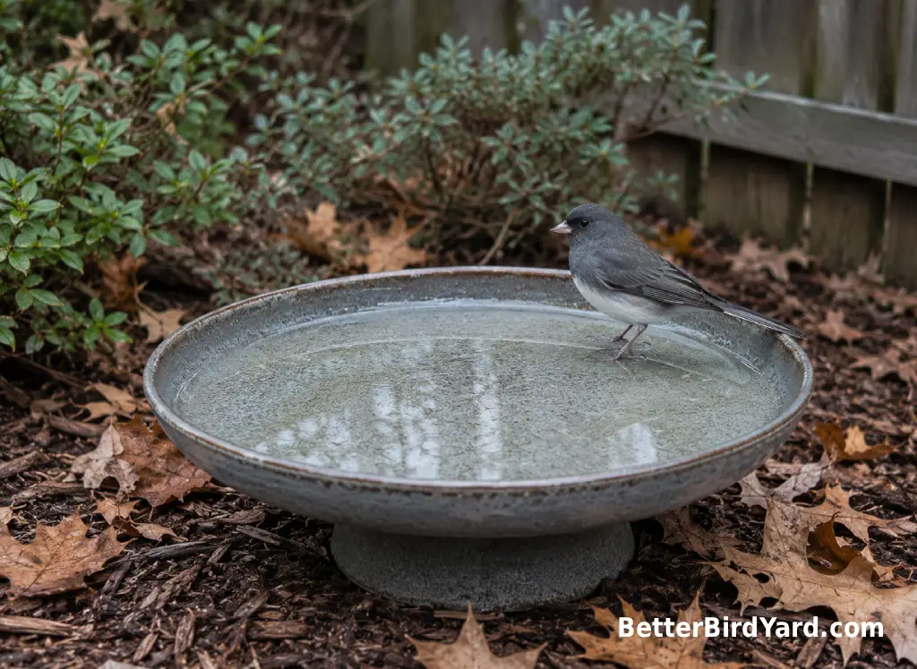 A clean bird bath sits in a backyard garden with fallen leaves around it.