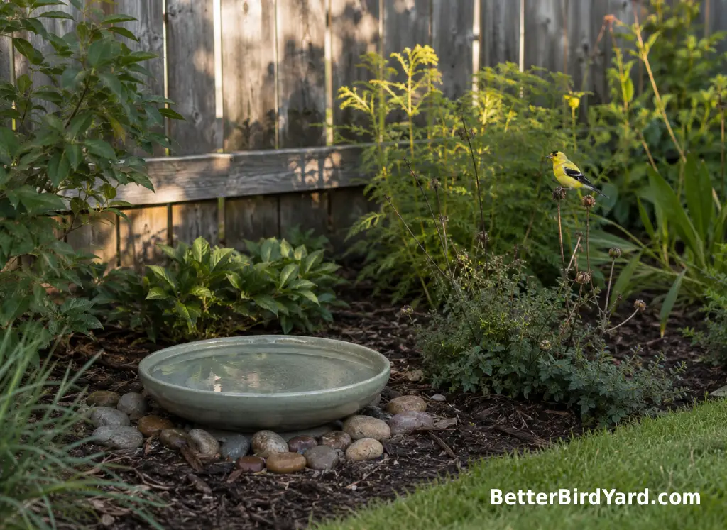 A shallow DIY bird bath sits beside native plants in a small backyard.