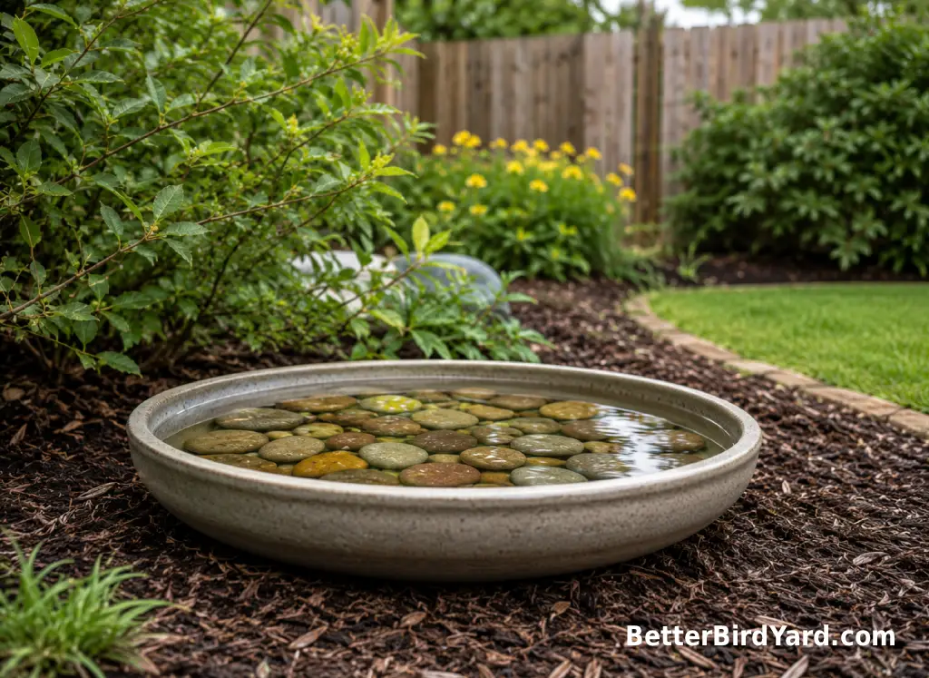 A shallow bird bath with stones sits near shrubs in a quiet backyard.