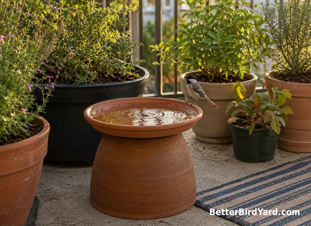 A small saucer bird bath rests on a planter beside potted patio plants.