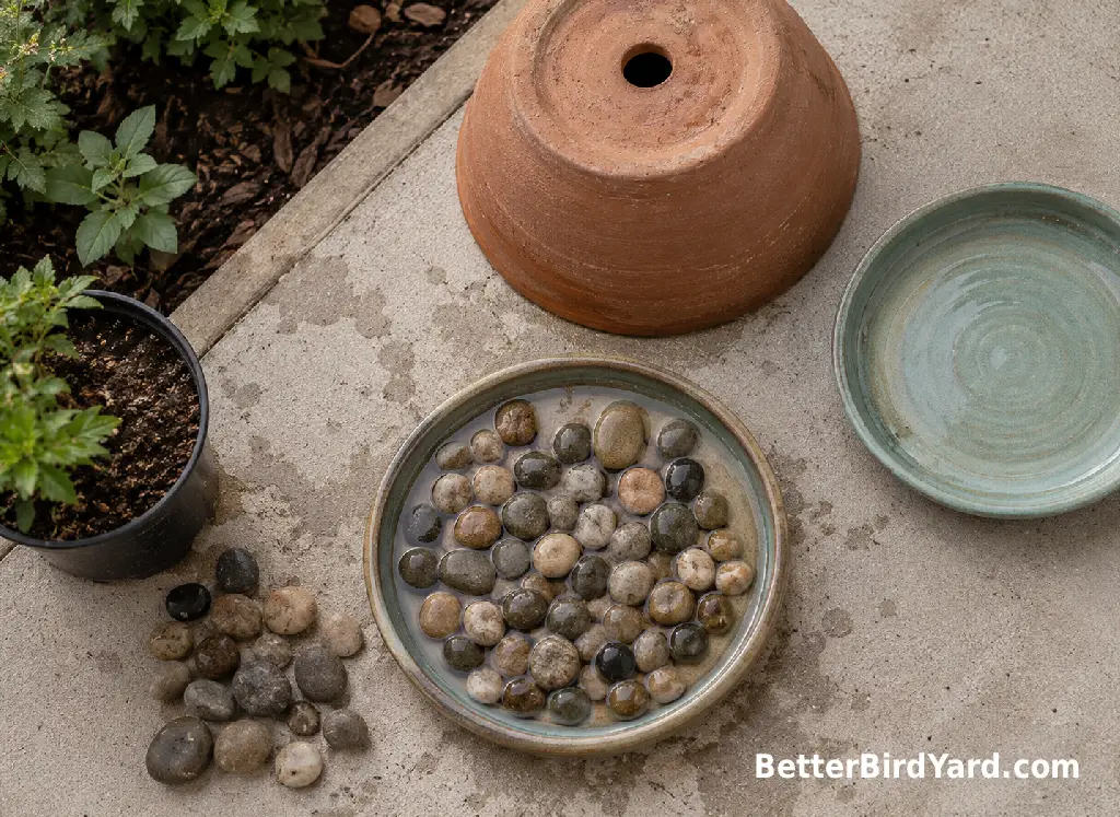 A saucer, stones, and planter are arranged to make a simple DIY bird bath.