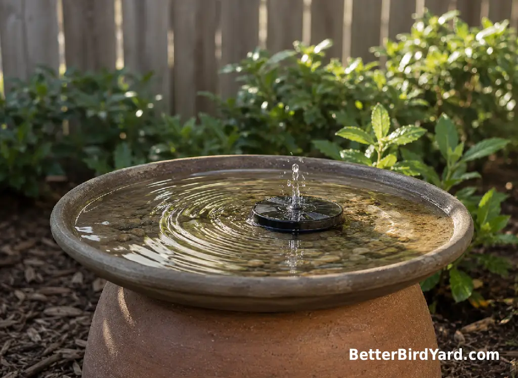 A small solar fountain makes ripples in a shallow bird bath.