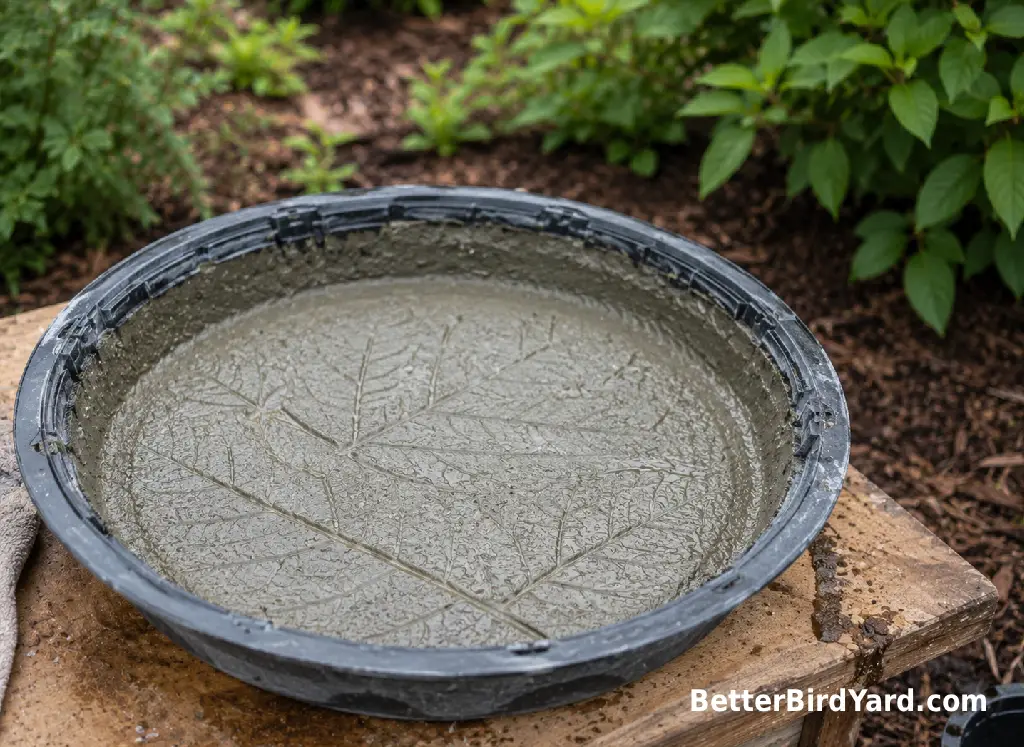 A shallow concrete bird bath mold shows leaf texture in the curing basin.