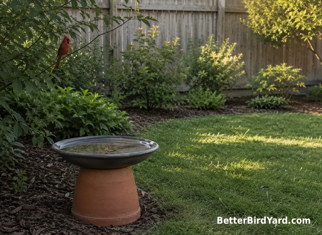 A backyard bird bath sits in partial shade near shrubs and open lawn.