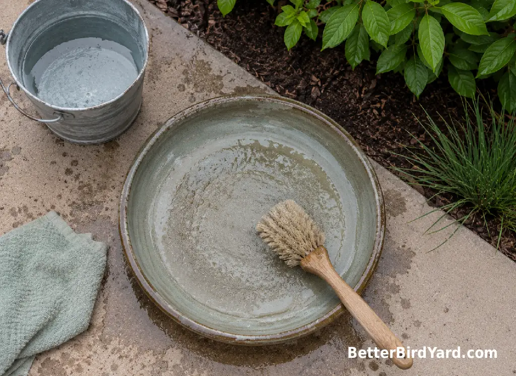 A scrub brush and fresh water are used to clean a bird bath basin.