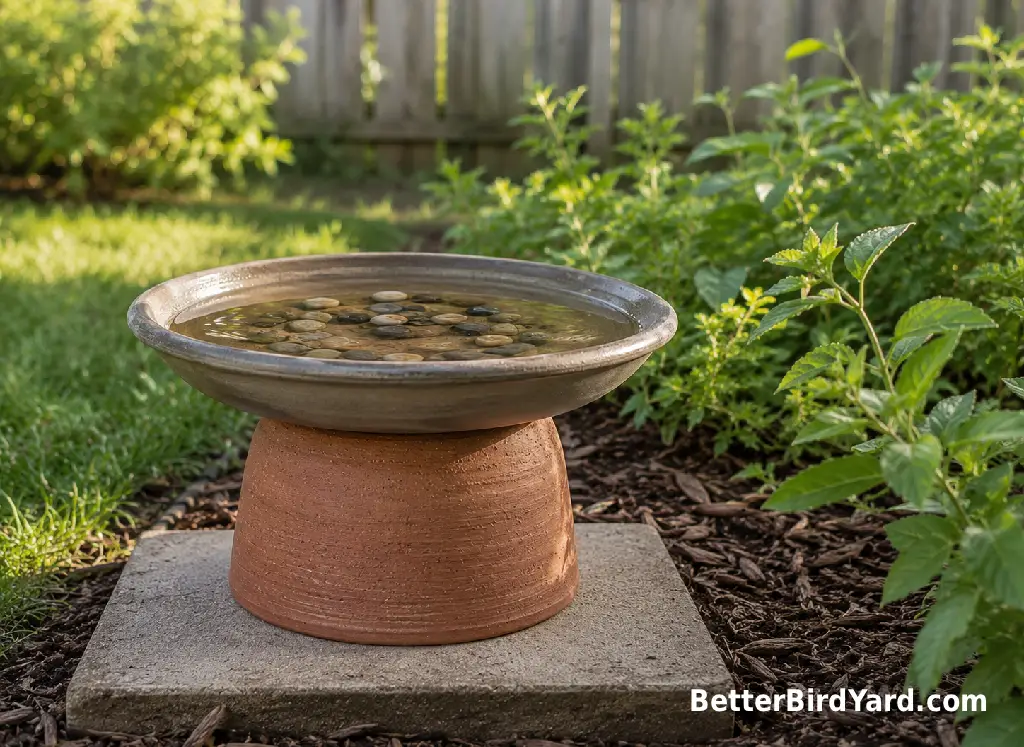 A shallow bird bath with stones rests level on a sturdy paver base.