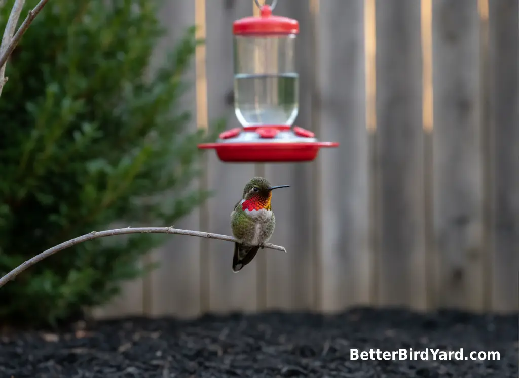 A ruby-throated hummingbird perches quietly on a thin twig near a clean backyard feeder at dusk.
