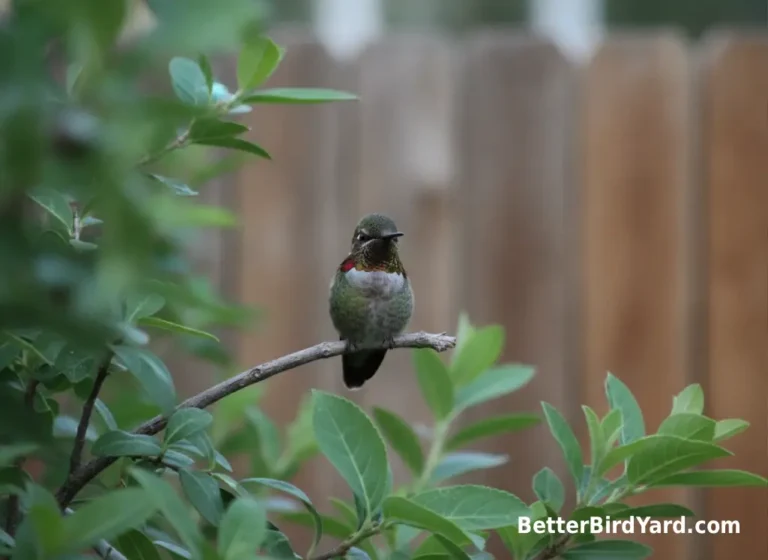 A hummingbird rests still on a small branch in a quiet leafy backyard setting.