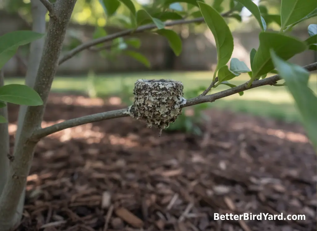 A tiny camouflaged hummingbird nest sits on a slender tree branch among green leaves.