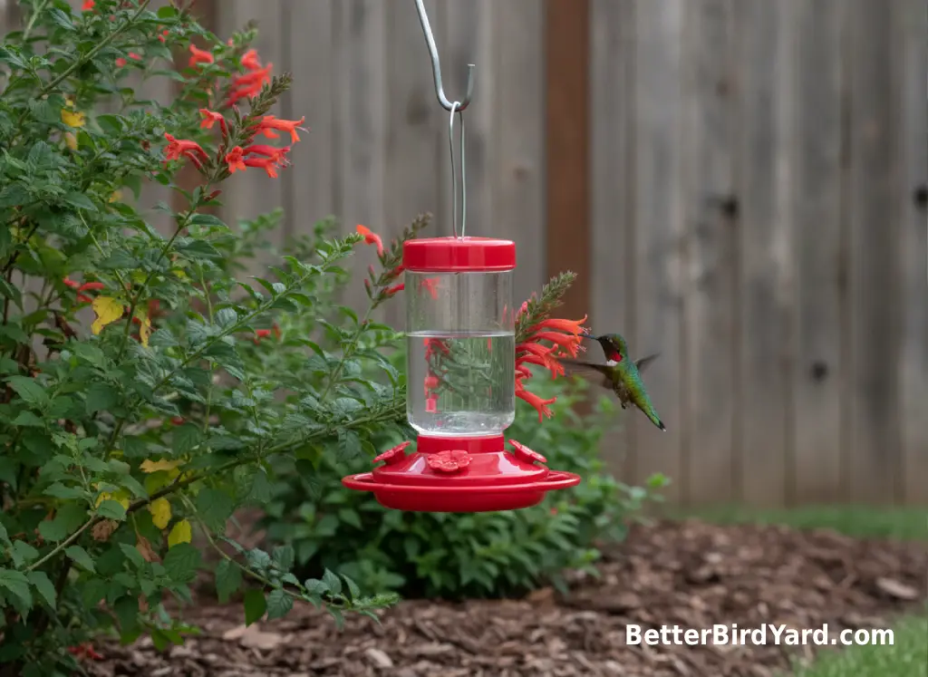 A clean hummingbird feeder hangs near native flowers and leafy shrubs in a small backyard garden.
