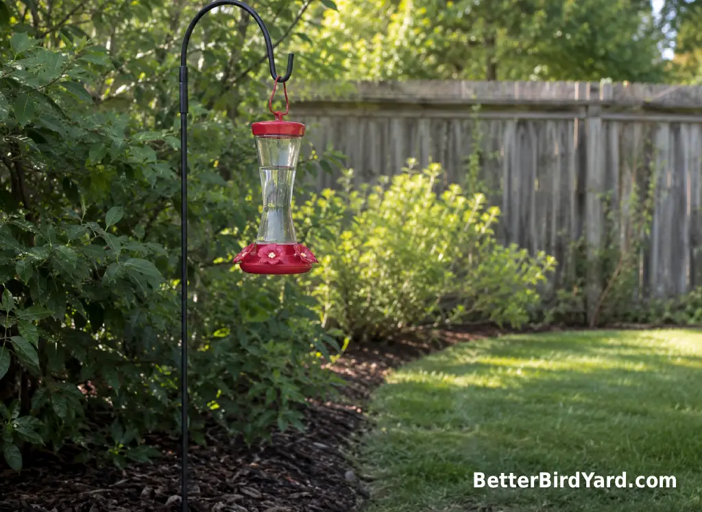A quiet backyard feeder station sits near shrubs with no birds visible and a clear view from a safe distance.