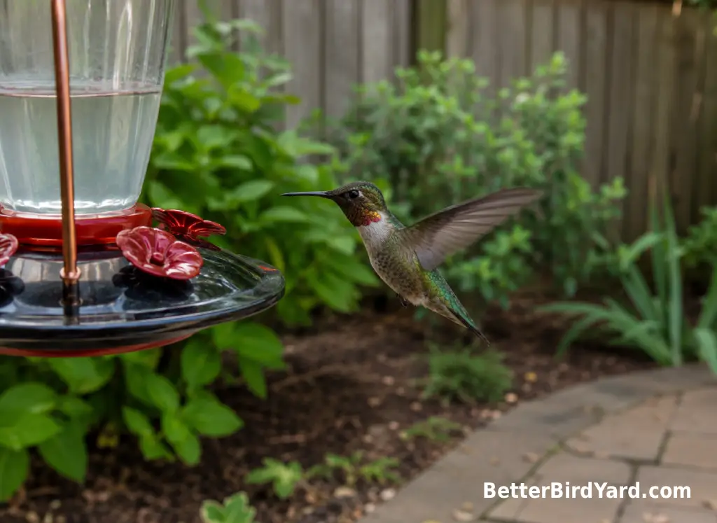A ruby-throated hummingbird glows green and red near a clean backyard nectar feeder.