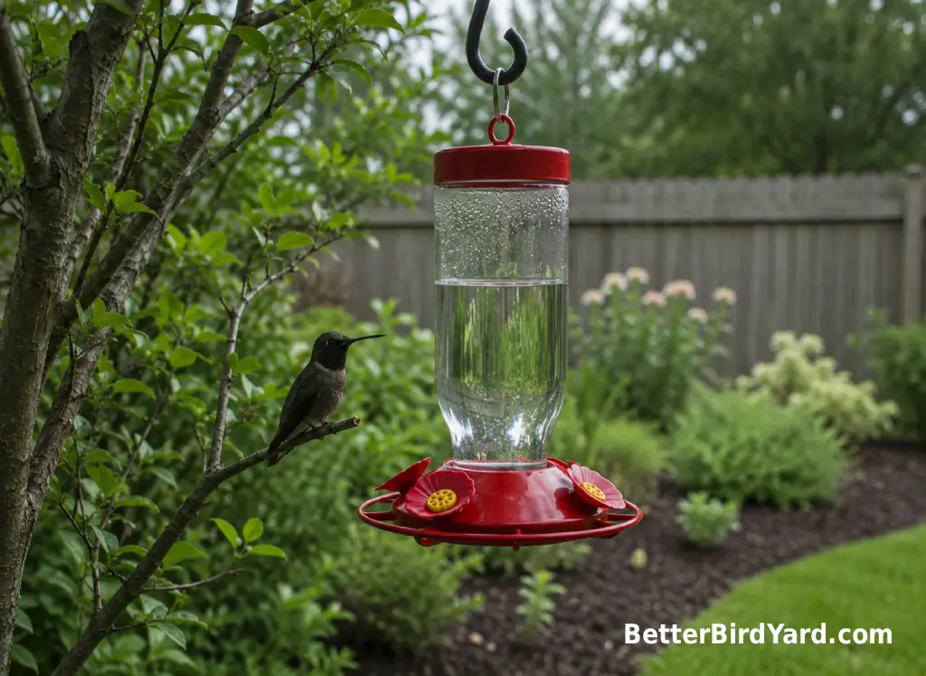 A dark-looking hummingbird perches in shade near a backyard nectar feeder.