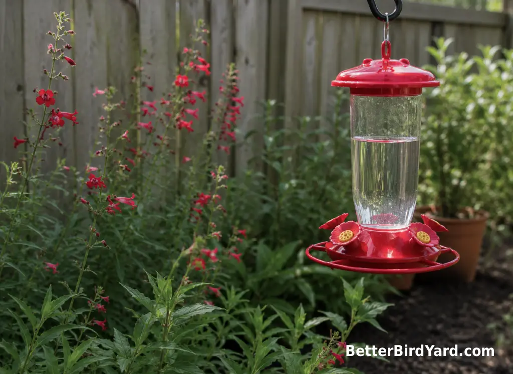 A clean red-accent hummingbird feeder hangs near native flowers in a patio garden.