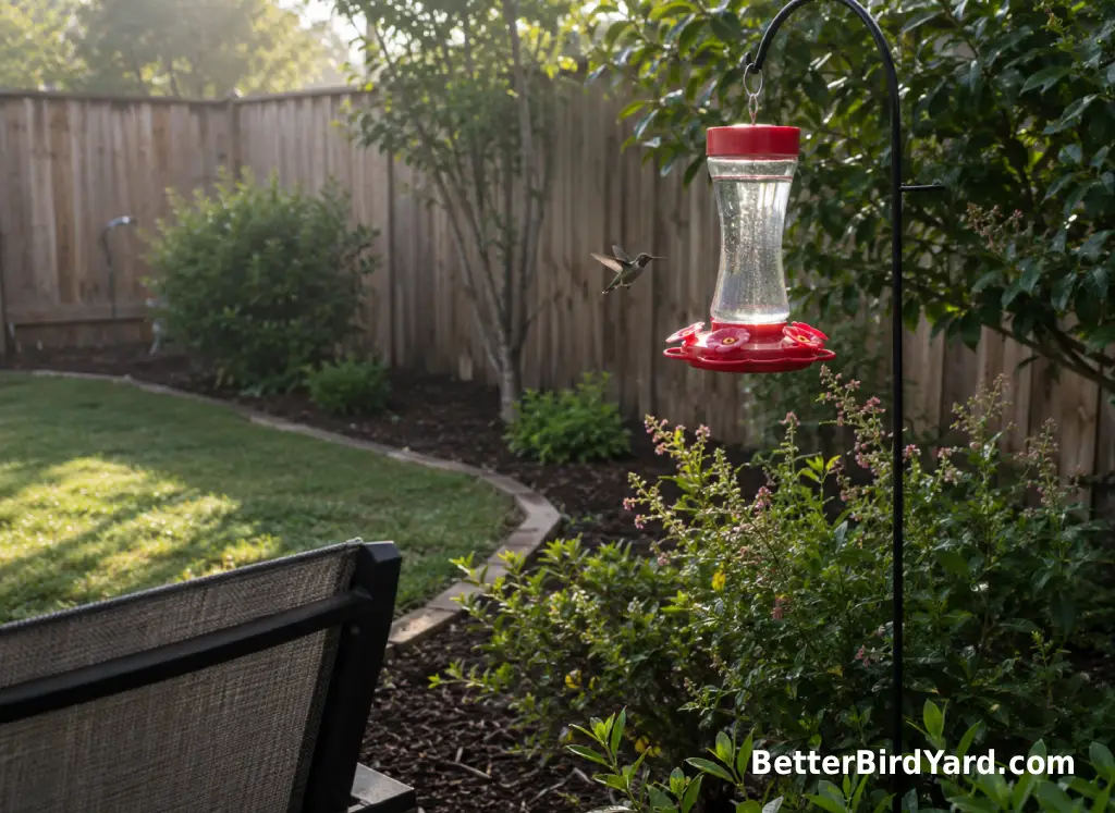A small backyard viewing spot faces a clean hummingbird feeder and native shrubs.