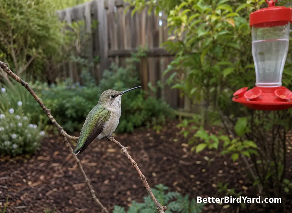 A female hummingbird with green upperparts and pale underparts perches near a backyard feeder.