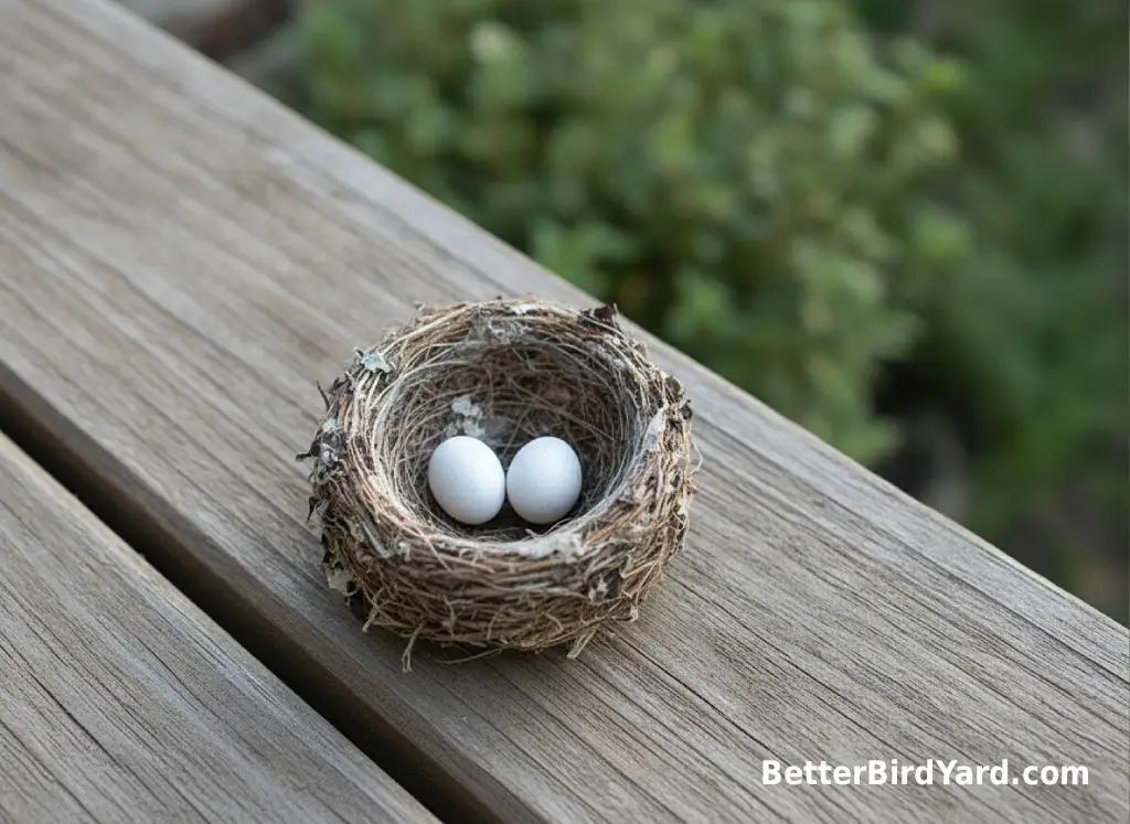 Two tiny white model eggs sit beside a small cup-shaped nest on a weathered outdoor bench.