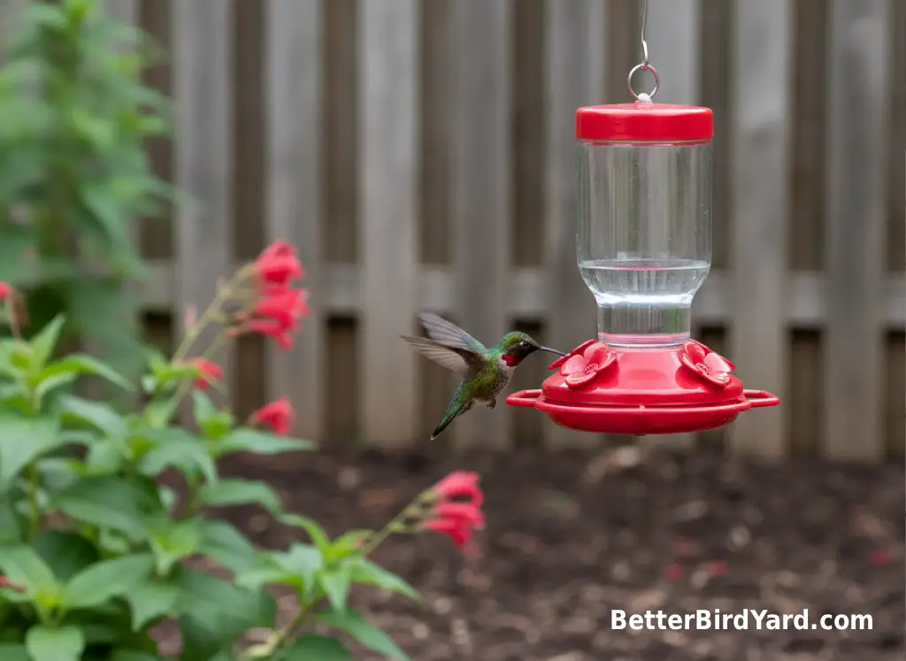 A ruby-throated hummingbird hovers near a red feeder in a small backyard garden.
